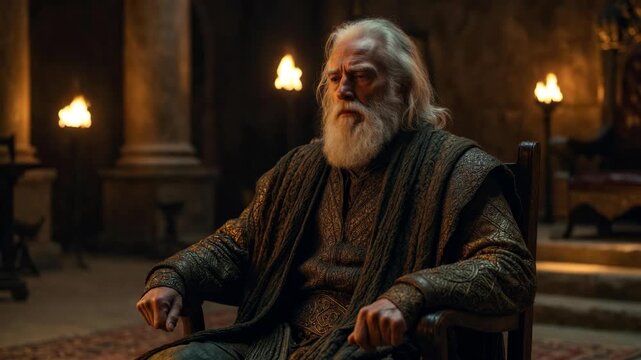 Elderly man in ornate robes sitting in a torchlit hall, cinematic style, against a dark stone interior, concept of wisdom