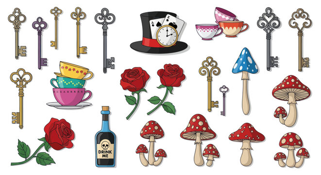 Alice in Wonderland Objects: Keys, Teacups, Mushrooms, Roses, Potion, Hat