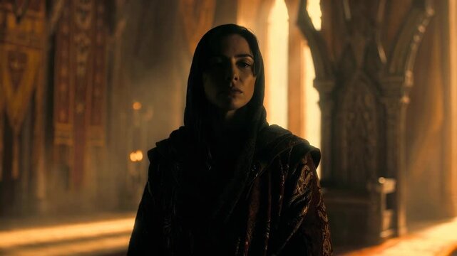 A cloaked person stands in dim ornate hall, depicted in cinematic style, against glowing arches, evoking mystery and solitude