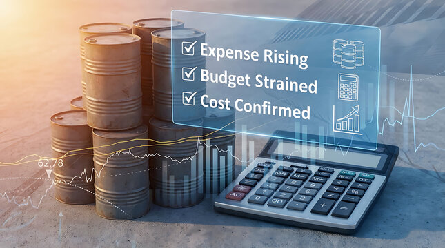 Financial struggle concept with stacked coins calculator and rising expense checklist on transparent screen.Strait of Hormuz is an important factor in the rise oil price Industry