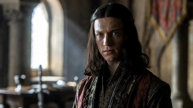 Medieval man in ornate clothing posing indoors in dramatic lighting on blurred hall background, concept of nobility and heritage