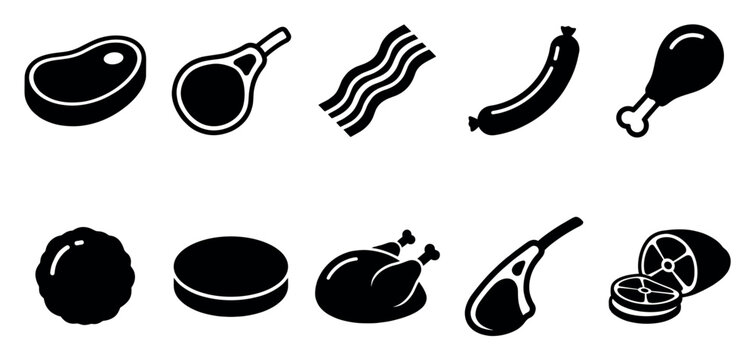 A collection of simple black icons representing various meats like steak, chop, bacon, sausage, and chicken, useful for food concepts.