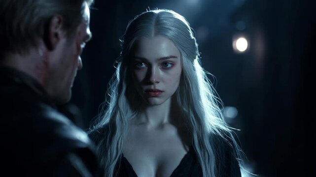 Pale fantasy woman with long hair and fangs in cinematic style on dark moody background, concept of mystery and fear