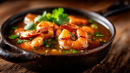 A close-up of delicious shrimp cooked in savory broth, garnished with herbs, showcasing a tempting dish that invites appetite and culinary exploration.