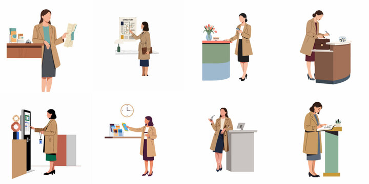 Vector set of professional women in trench coats at various reception desks, using digital kiosks, signing guest registries, and checking building directories.