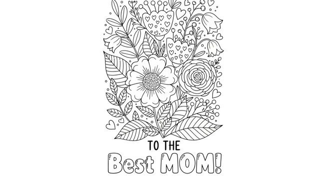 Mother's Day Coloring Page with Floral Bouquet and Best Mom Quote - Hand Drawn Line Art for Kids and Adults