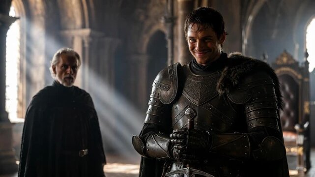 Two men in medieval attire inside a dim stone hall, cinematic style, lit by soft rays, evoking a fantasy and chivalry concept