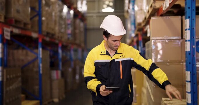 Male warehouse staff with digital tablet in hand checks shipment details beside stacked cargo boxes while wearing safety uniform and white hardhat inside modern inventory control distribution facility