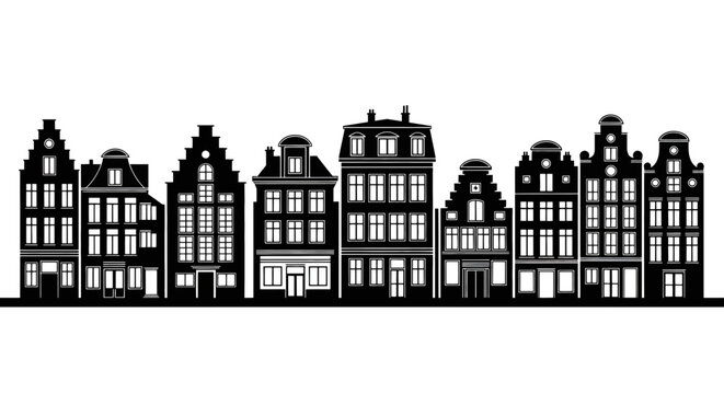 A detailed black silhouette of a row of traditional dutch houses with ornate gables and windows