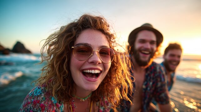 A joyous group of friends laugh and pose at the beach during sunset, capturing a moment of happiness amidst the gorgeous natural scenery and fun-filled vibes.