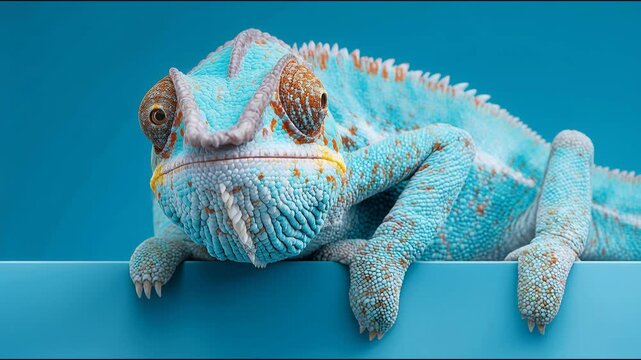 Blue chameleon resting on a flat surface. Reptile peeking over a ledge with shifting eyes. Wildlife study of a colorful lizard in a minimalist studio setting.
