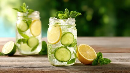 Fototapeta premium A refreshing drink of cucumber lemonade served in mason jars, featuring fresh ingredients and a vibrant presentation that embodies summer hydration and vitality.