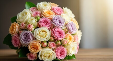 Obraz premium Vibrant and elegant bouquet of fresh pastel roses in various colors, including pink, white, yellow, and purple, arranged beautifully on a wooden surface with soft natural light