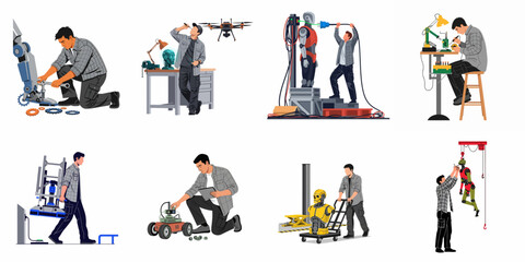 Fototapeta premium Illustrations of male engineers and technicians working on advanced robotics, drones, and electronic components in a modern laboratory or workshop environment.