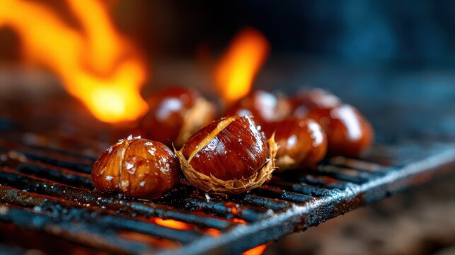 Delicious chestnuts slowly roasting over an open flame, showcasing the beauty of outdoor cooking, with smoke and heat creating a cozy, rustic atmosphere.