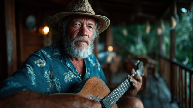 An elderly man with a white beard and straw hat lovingly plays his guitar on a wooden porch, surrounded by lush greenery and a warm, intimate atmosphere.