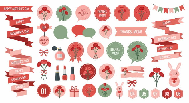Happy Mother's Day Decorative Illustration Set: Carnation Flowers, Ribbons, Banners, Cosmetics, and Icons for Greeting Cards and Gifts