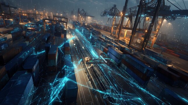 Connected port and rail corridor, container stacks, heavy freight trucks, railway lines and port cranes integrated in one large logistics scene