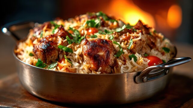 A vibrant and tantalizing plate of biryani featuring tender chicken pieces marinated in spices, served over fluffy rice, garnished with fresh herbs and tomatoes.