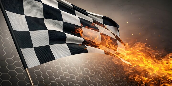 Racing checkered flag with fire representing speed competition and motorsport concept