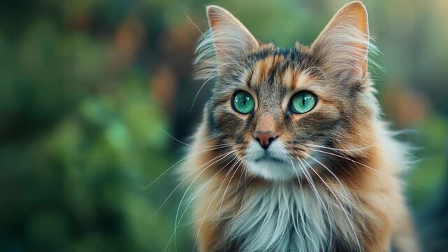 Longhaired calico cat with green eyes looking around. Close up portrait of fluffy feline mammal with expressive gaze. Pet animal outdoors in natural background.