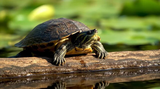 Turtle Sunbathing on Log 4K - Shell Texture Close-Up, Pond Wildlife, Relaxed Animal, Soft Light - Reptile Stock Video
