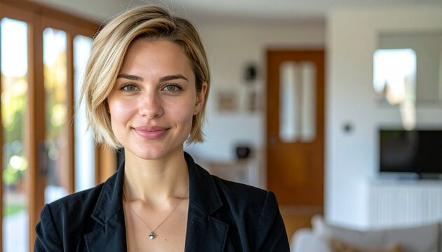 a blonde woman with short hair wearing a black blazer jacket in the rustic style house, fashion photography