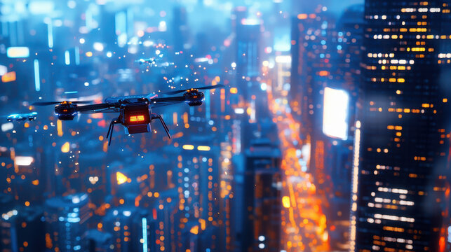 Stunning aerial view of drone flying over vibrant futuristic cityscape at night, showcasing bright lights and towering skyscrapers