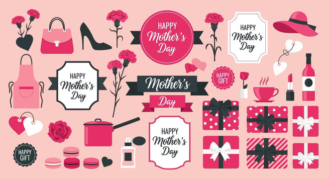 Happy Mother's Day Vector Illustration Set with Pink Icons, Flowers, Gift Boxes, and Fashion Accessories for Social Media, Greeting Cards, and Marketing
