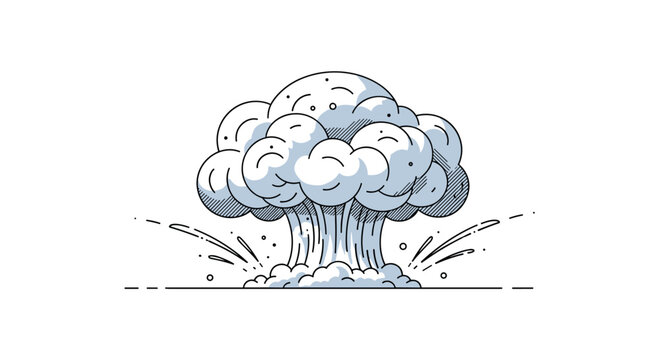 Dramatic line art illustration of a mushroom cloud from a nuclear explosion with debris and shockwave effects on a white background.