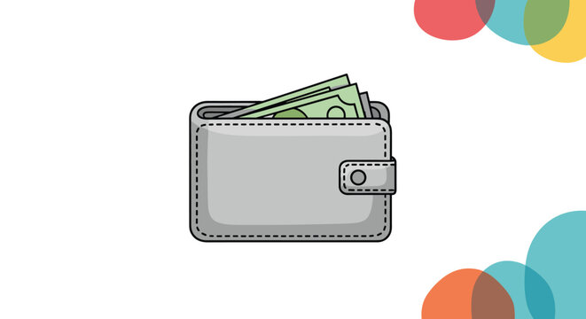 Gray leather wallet with green paper currency money bills peeking out against a white background for finance and savings.