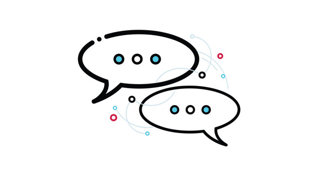 Two overlapping speech bubbles with dots inside and abstract lines for communication messaging and social media icons.