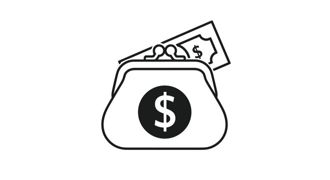 Line art icon of a coin purse with a dollar sign and paper banknote for money management and financial transactions.