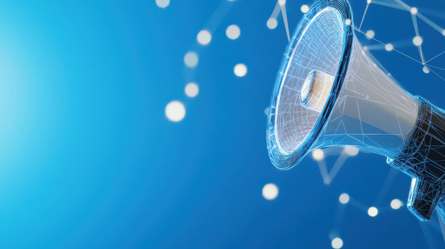 Glowing low poly megaphone emits sound waves, symbolizing communication and technology in digital world