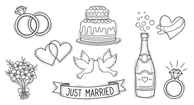 Wedding icons: rings, cake, champagne, doves, hearts, bouquet, banner
