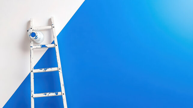 Half painted blue wall with ladder and paint can creates vibrant and creative atmosphere