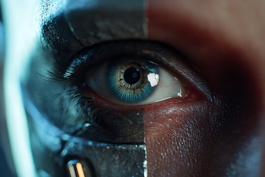 Split-face composition showing one realistic human eye and one advanced cybernetic eye. Powerful concept for human-AI fusion, transhumanism, augmentation, and future identity.