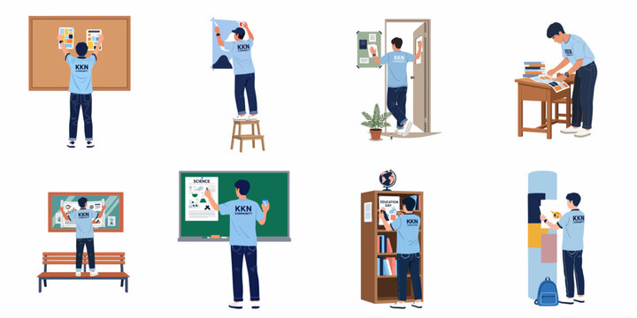 Illustration set of a male student volunteer performing various tasks like hanging posters, pinning notices, and organizing materials in a school setting.