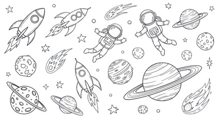 Outer Space Adventure: Astronauts, Rockets, Planets, Stars, and Comets - Hand-Drawn Illustration © Kuwadi