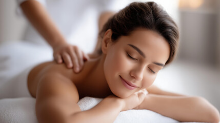 Obraz premium Woman receiving a professional back treatment at a spa salon, beauty service moment, relaxation aesthetic visualization, defocused background, with copy space