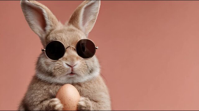 Brown bunny wearing sunglasses holding an Easter egg. Animal preparing for holiday celebration. Cute fluffy creature with egg in its paws. Studio background design.