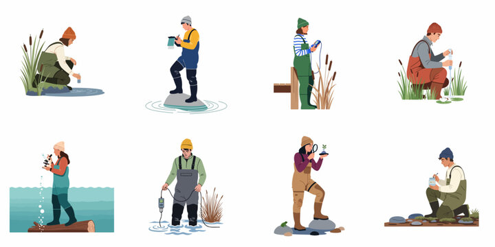 A collection of vector illustrations featuring environmental scientists and ecologists conducting water quality tests and biological research in various aquatic ecosystems.