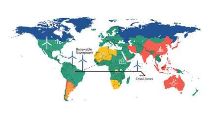 Obraz premium Global map illustrating renewable energy potential and fossil fuel reliance across continents, highlighting regions as renewable superpowers and fossil fuel zones.