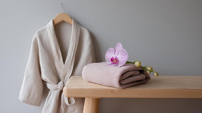Minimalist flat lay of a linen robe, towel, and single orchid on a spa bench, quiet luxury wellness ritual concept, with copy space