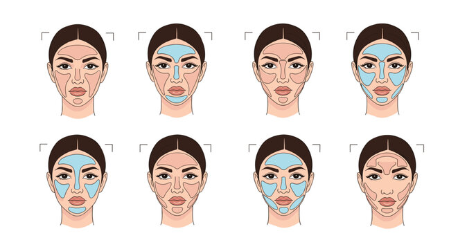 Set of eight female face illustrations demonstrates different patterns and zones for applying facial masks or specialized skincare products.