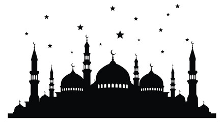 A striking black silhouette of a mosque complex against a starry night sky silhouette high quality © nhpvect02