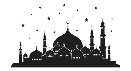 A striking black silhouette of a mosque under a starry night sky showcasing islamic architecture silhouette © nhpvect02