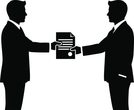 Businessmen exchanging documents silhouette icon with two businessmen in