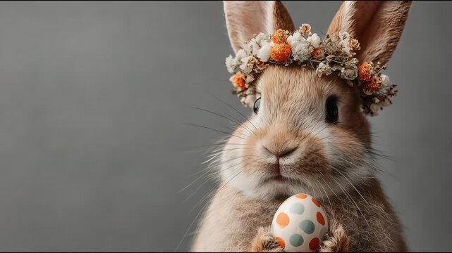 Brown rabbit wearing a wreath of dried flowers holds a dotted egg. Cute animal celebrating Easter. Festive preparation for spring holiday greeting card design concept.