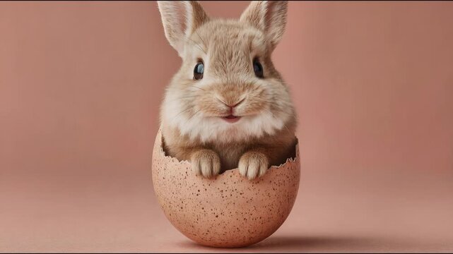 Cute baby rabbit sitting inside a speckled eggshell. Small bunny animal portrait for Easter celebration. Fluffy vertebrate mammal resting in the broken shell.